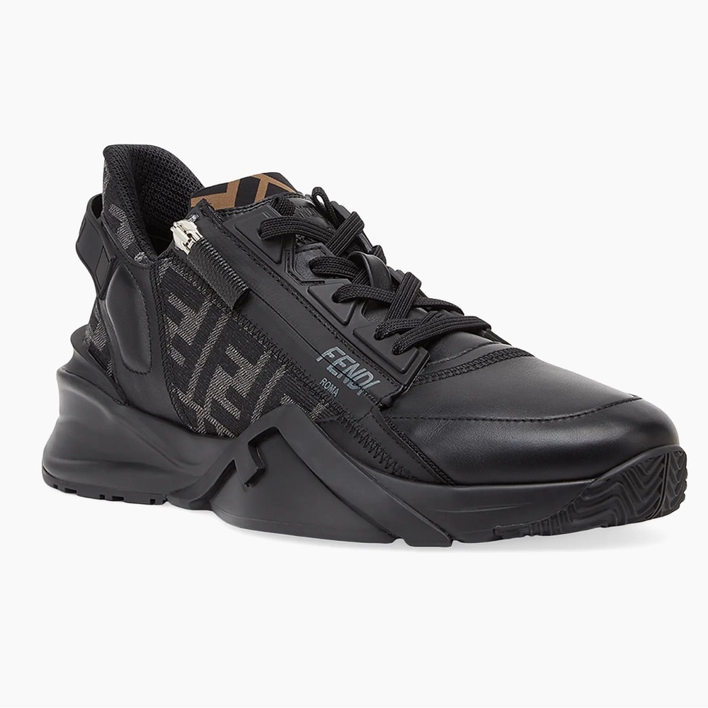 Fendi Flow Vitello Leather & Tonal Logo Jacquard Sneakers Mens 10
